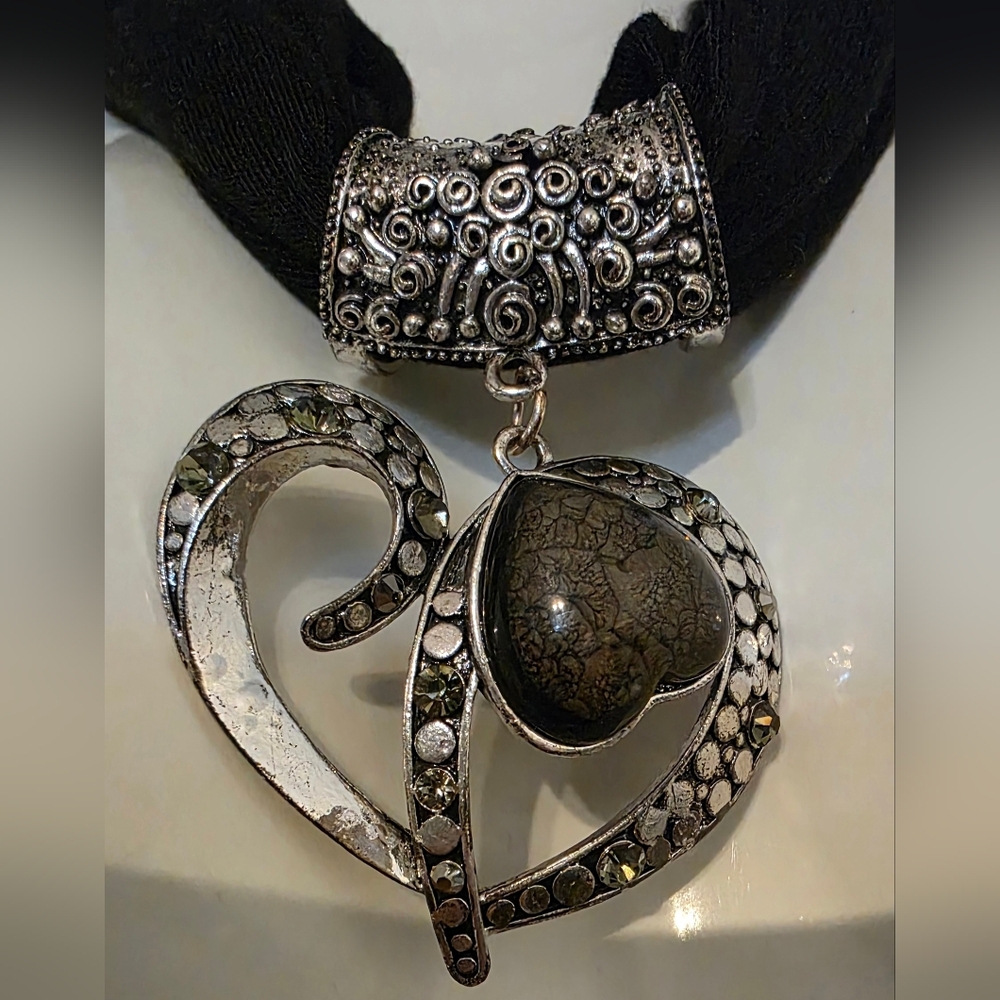 Silvertone Pendant Necklace Heart Shaped Marked GB Brighton Style
